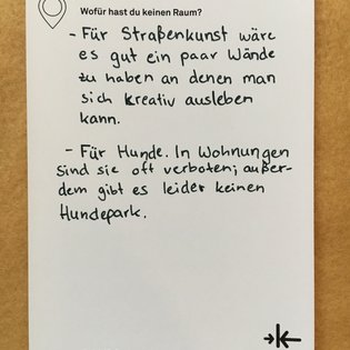 Postkarte mit Ideen von Besucher:innen des Bauwagens im Rahmen des Projekts SPIEL:RAUM der KulturRegion Stuttgart 2021-2022