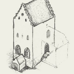 Zeichnerische Rekonstruktion des mittelalterlichen Gebäudes (Axonometrie).