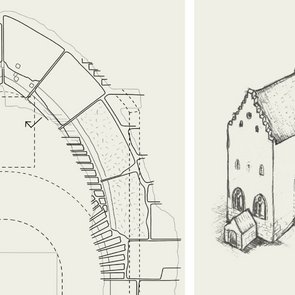 Zeichnerische Rekonstruktion des mittelalterlichen Gebäudes (Axonometrie).