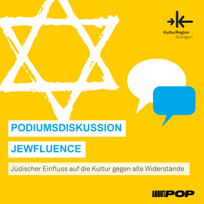 Key Visual der Veranstaltung mit Veranstaltungstitel auf gelbem Hintergrund. Der Titel wird von einem großen, weißen Davidstern und zwei Sprechblasen umrahmt.