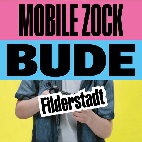 Person hält einen Controller vor gelbem Hintergrund unter Text 'MOBILE ZOCK BUDE' und 'Filderstadt'