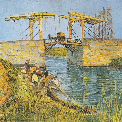 Gemälde einer Brücke über einen Fluss mit Wäscherinnen am Ufer und einem Pferdefuhrwerk auf der Brücke in impressionistischem Stil.