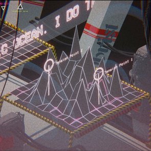 Futuristische, digitale Benutzeroberfläche mit 3D-Drahtgittermodellen von Bergen oder Spitzen auf einem Raster. Zwei Punkte sind markiert als „Tension Point 1“ und „Tension Point 2“. Kabel verlaufen quer über das Bild, und es sind gelb-schwarz gestreifte Sicherheitsmarkierungen an den Kanten zu sehen. Im Hintergrund ist Text sichtbar, darunter „WATER BASIC OCEAN“