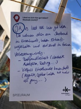Postkarte mit Ideen von Besucher:innen des Bauwagens im Rahmen des Projekts SPIEL:RAUM der KulturRegion Stuttgart 2021-2022