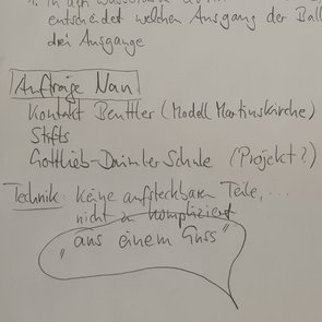 Handschriftliche Mitschrift auf weißem Papier mit Notizen zu einem Projekt, dargestellt in einem kreisförmigen Ausschnitt, der wie ein Loch wirkt.