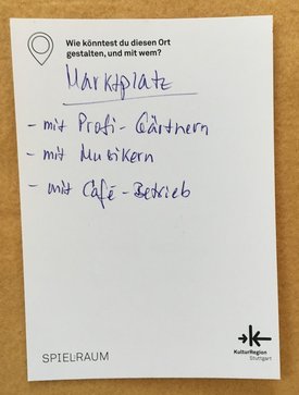 Postkarte mit Ideen von Besucher:innen des Bauwagens im Rahmen des Projekts SPIEL:RAUM der KulturRegion Stuttgart 2021-2022