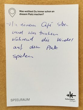Postkarte mit Ideen von Besucher:innen des Bauwagens im Rahmen des Projekts SPIEL:RAUM der KulturRegion Stuttgart 2021-2022