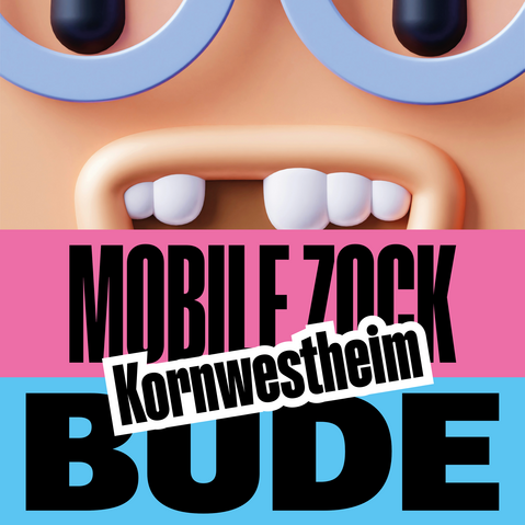 Illustration eines Gesichts mit großen Augen und einer Zahnlücke über dem Schriftzug 'MOBILE ZOCK BUDE' und dem Zusatz 'Kornwestheim'