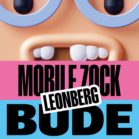 Illustration eines Gesichts mit großen Augen und zwei sichtbaren Vorderzähnen über dem Schriftzug 'MOBILE ZOCK BUDE' mit dem Zusatz 'LEONBERG'