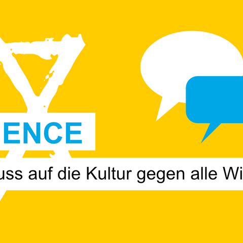 Key Visual der Veranstaltung mit Veranstaltungstitel auf gelbem Hintergrund. Der Titel wird von einem großen, weißen Davidstern und zwei Sprechblasen umrahmt.