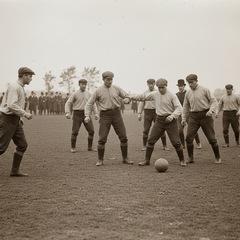 Männer in historischer Kleidung mit Schiebermützen spielen Fußball auf einem offenen Spielfeld vor einer Menschenmenge im Hintergrund