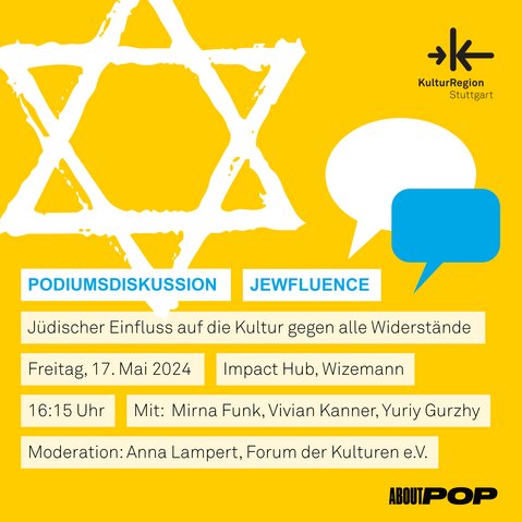 Key Visual der Veranstaltung mit Veranstaltungstitel und -daten auf gelbem Hintergrund. Der Titel wird von einem großen, weißen Davidstern und zwei Sprechblasen umrahmt.