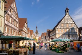 Blick auf den Marktplatz mit Marktständen.
