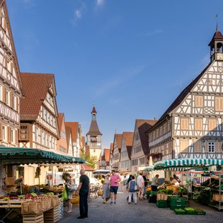 Blick auf den Marktplatz mit Marktständen.