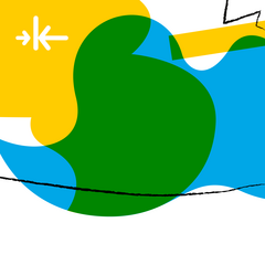Grafisches Logo mit abstrakten, bunten Flächen mit einem schwarzen, wellenförmigen Strich. 