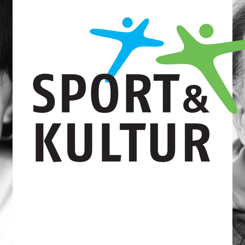 Schwarzweiss-Aufnahme von Rocio Aleman und Alexander Zorniger. In der Mitte das Logo von Sport und Kultur