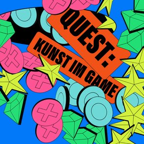 Grafik für das Symposium »QUEST: KUNST IM GAME« auf blauem Hintergrund mit bunten geometrischen Formen wie Sternen, Ringen und Kreuzen. Das Design ist verspielt und bewirbt eine Veranstaltung zu Kunst und Gaming.