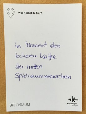 Postkarte mit Ideen von Besucher:innen des Bauwagens im Rahmen des Projekts SPIEL:RAUM der KulturRegion Stuttgart 2021-2022