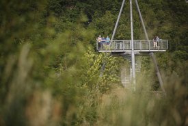 Bild: Blick durch Gebüsch hindurch auf eine Aussichtsplattform aus Stahl. Mehrere Menschen, gekleidet wie Wanderer, befinden sich auf der Plattform.
