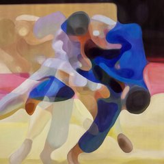 Abstraktes Gemälde mit überlappenden, transparenten Figuren in Bewegung, die an einen Judo-Kampf erinnern.