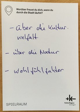 Postkarte mit Ideen von Besucher:innen des Bauwagens im Rahmen des Projekts SPIEL:RAUM der KulturRegion Stuttgart 2021-2022