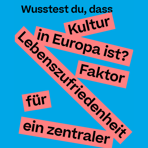 Blauer Hintergrund mit schwarzem Text 'Wusstest du, dass' und mehreren roten Textfeldern mit schwarzer Schrift, die den Satz 'Kultur in Europa ist? Faktor Lebenszufriedenheit für ein zentraler' bilden.