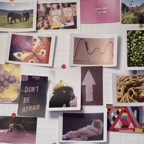 Bild eines Flipcharts, auf das mehrere kleinere Fotos geklebt sind. Es sind Fotos von Elefanten, Früchten, einem Schmetterling, einem Pfeil, einer Katze bei der Fellpflege und weiteren Motiven.