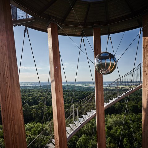 Foto: Blick durch die Säulen des Turmes hindurch in die weite Landschaft. Im vordergrund ist Wald zu sehen. Weiter hinten weitere Wälder, Felder und Ortschaften.