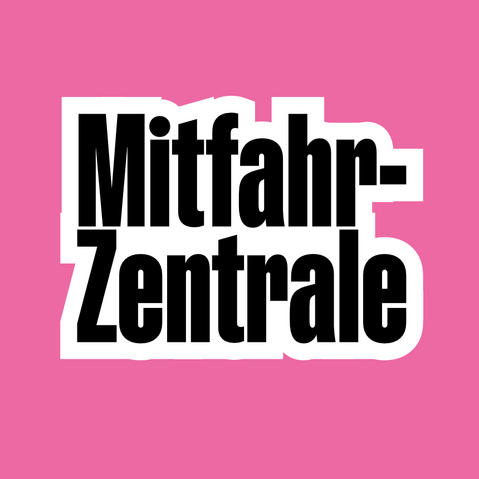 Schriftzug 'Mitfahr-Zentrale' in schwarzer Schrift auf pinkem Hintergrund
