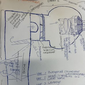 Schwarz-weiße Skizze einer Minigolfanlage mit handschriftlichen Notizen und Pfeilen, dargestellt in einem kreisförmigen Ausschnitt, der wie ein Loch wirkt.