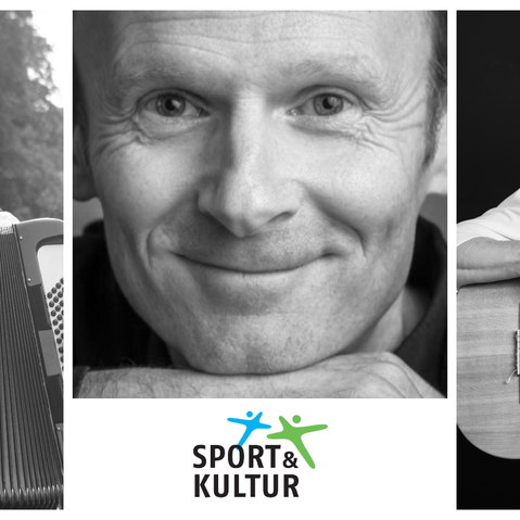 Collage aus drei Bildern: Oben links: Portrait von Akkordeonspieler Peter Weiss Oben rechts: Portrait von Liedermacher Nicolai Köppel Unten: Portrait von Autor Jochen Weeber Mitte: Logo von Sport und Kultur, mit zwei stilisierten Figuren in Blau und Grün, die sich bewegen.