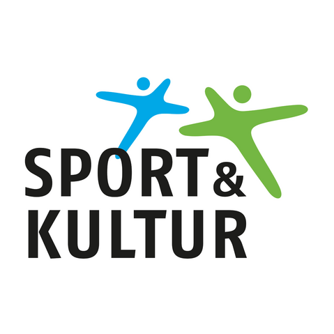 Logo des Projekts »Sport und Kultur« mit gleichnamigem Text und zwei Männchen, die in der Bewegung gemalt sind
