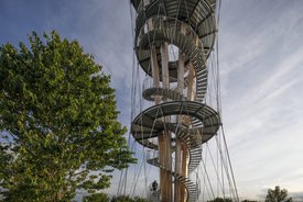 Foto: Blick von unten auf den Turm. Links im Bild ist ein großer Laubbaum zu sehen.
