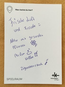 Postkarte mit Ideen von Besucher:innen des Bauwagens im Rahmen des Projekts SPIEL:RAUM der KulturRegion Stuttgart 2021-2022