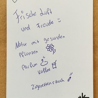 Postkarte mit Ideen von Besucher:innen des Bauwagens im Rahmen des Projekts SPIEL:RAUM der KulturRegion Stuttgart 2021-2022