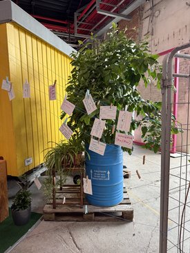 Ein Baum in einem blauen Fass ist mit Notizen behängt, inspiriert von einem Kunst-Symposium in Stuttgart.