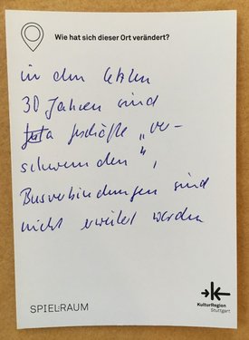 Postkarte mit Ideen von Besucher:innen des Bauwagens im Rahmen des Projekts SPIEL:RAUM der KulturRegion Stuttgart 2021-2022