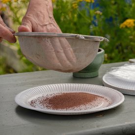 Zwei Hände halten ein Metallsieb über einen weißen Pappteller und sieben ein braunes Pulver, das sich darunter sammelt. Auf dem Tisch stehen weitere Pappteller sowie ein grünes Keramikgefäß. Im Hintergrund sind grüne Pflanzen und gelbe Blüten zu sehen – die Szene spielt sich offenbar im Freien ab und verbindet Natur mit handwerklicher Tätigkeit.