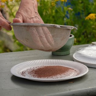Zwei Hände halten ein Metallsieb über einen weißen Pappteller und sieben ein braunes Pulver, das sich darunter sammelt. Auf dem Tisch stehen weitere Pappteller sowie ein grünes Keramikgefäß. Im Hintergrund sind grüne Pflanzen und gelbe Blüten zu sehen – die Szene spielt sich offenbar im Freien ab und verbindet Natur mit handwerklicher Tätigkeit.