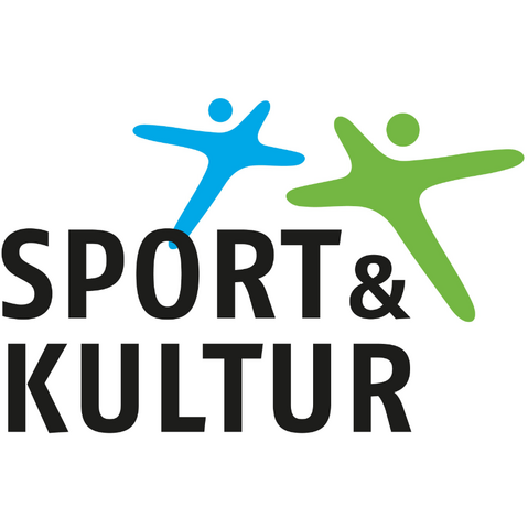 Logo des Projekts »Sport und Kultur« mit gleichnamigem Text und zwei Männchen, die in der Bewegung gemalt sind.