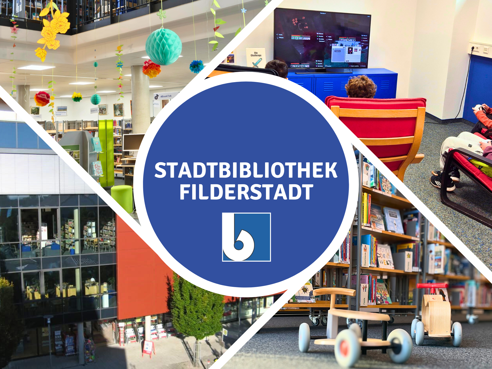 Collage aus Fotos von verschiedenen Bereichen der Bibliothek. In der Mitte ein blauer Kreis mit der Aufschrift: Stadtbibliothek Filderstadt