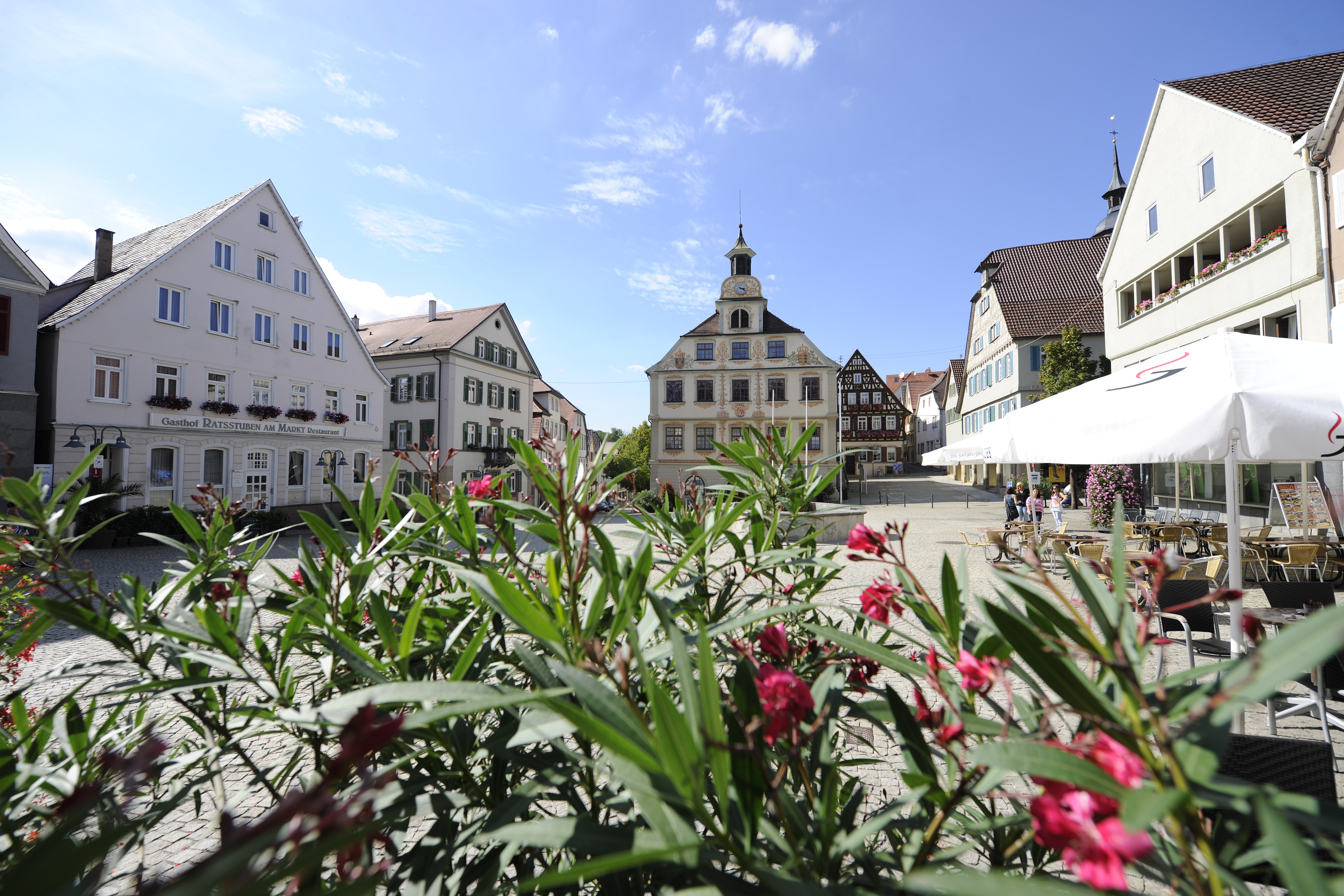 Blick auf den Marktplatz. Im Vordergrund blühender Oleander.