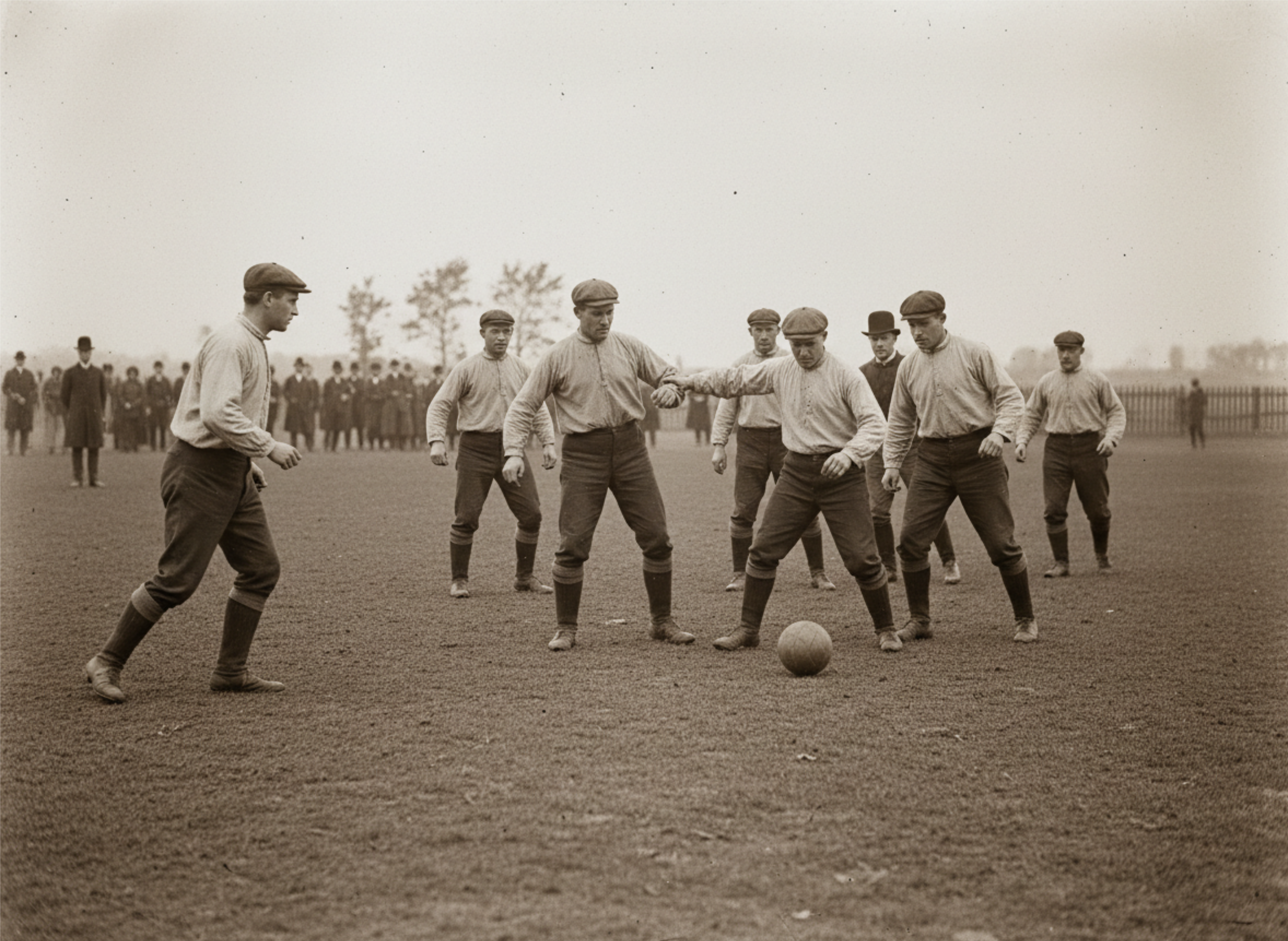 Männer in historischer Kleidung mit Schiebermützen spielen Fußball auf einem offenen Spielfeld vor einer Menschenmenge im Hintergrund